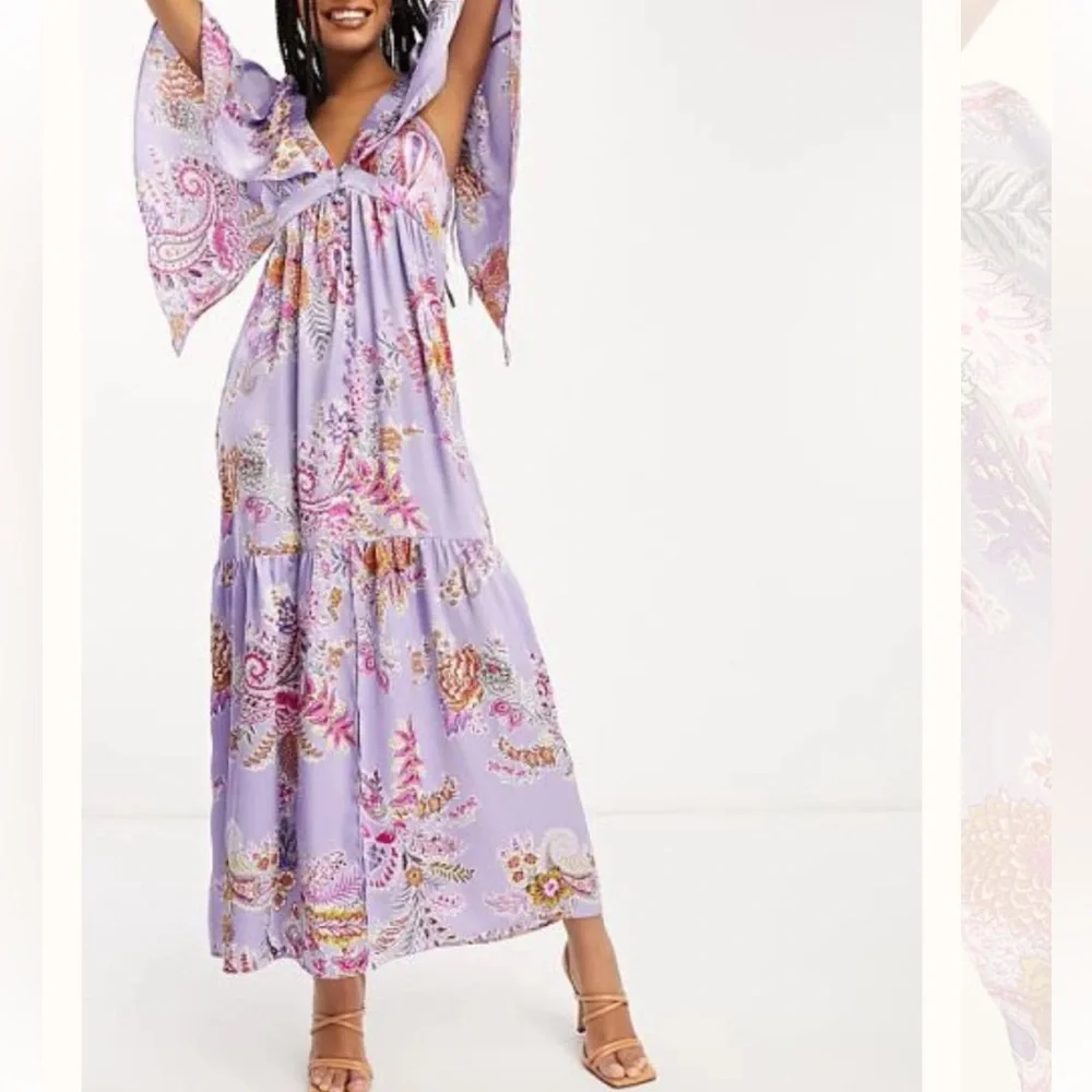 ASOS Lilac Satin V-Neck Flutter Sleeve Floral/Paisley Print Maxi Dress. Size 4